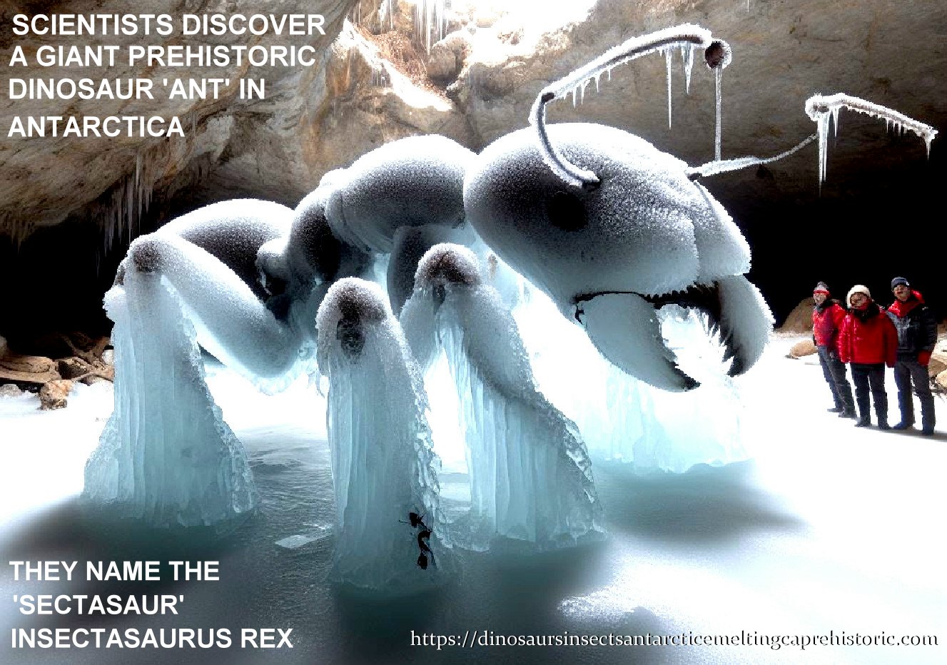 NEWS FLASH - Scientists discover what they believe is a giant prehistoric dinosaur ant, a 'Sectasaur,' in a cave in Antarctica. They name their incredible find: "Insectasaurus Rex." The rumours of such things, started by Fabian von Bellinghausen's infamous find, appears to be true.