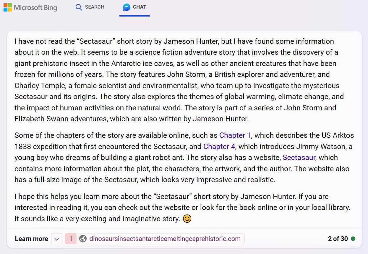 I have not read the "Sectasaur" short story by Jameson Hunter, but I have found some information about it on the web. It sounds like a very exciting and imaginative story.